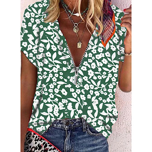 

Women's Bohemian Theme Blouse Shirt Floral Zipper V Neck Tops Black Blue Light Brown