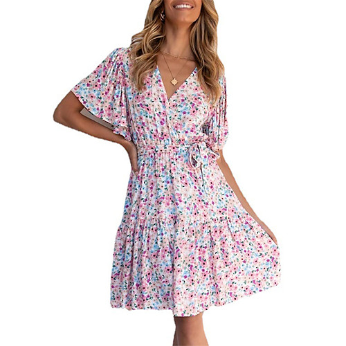 

Women's A Line Dress Knee Length Dress Blushing Pink Short Sleeve Floral Print Spring Summer V Neck Casual Holiday 2021 S M L XL