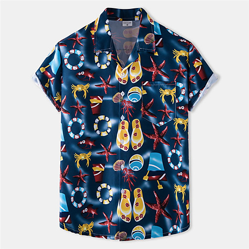 

Men's Shirt Starfish Underwater World Button-Down Short Sleeve Casual Tops Cotton Casual Fashion Breathable Comfortable Blue / Beach
