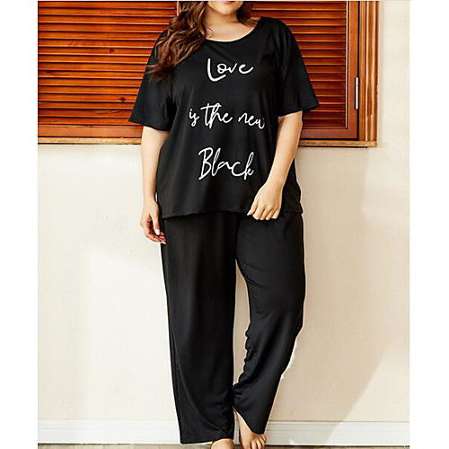 

Women's Plus Size Suits Pajamas Graphic Letter Round Neck Black Big Size XL 2XL 3XL 4XL