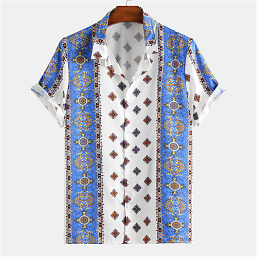 

Men's Shirt Tribal Button-Down Short Sleeve Casual Tops Lightweight Casual Fashion Breathable Blue Yellow Light Blue