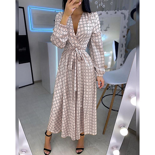 

Women's Swing Dress Maxi long Dress Gold Long Sleeve Geometric Patchwork Print Spring Summer V Neck Hot Casual Lantern Sleeve Loose 2021 S M L XL