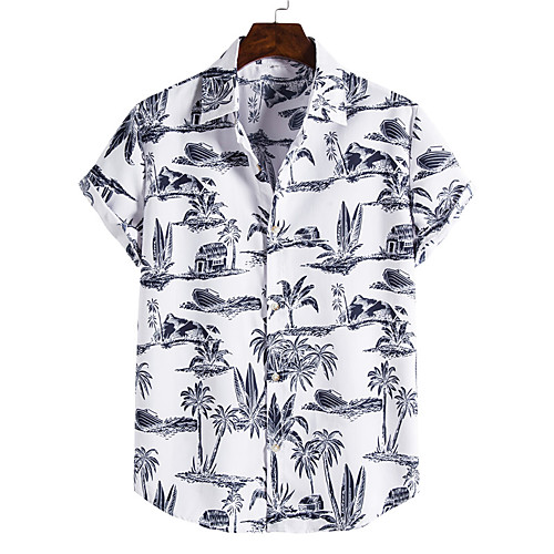 

Men's Shirt Coconut Tree Button-Down Short Sleeve Casual Tops Cotton Casual Fashion Hawaiian Breathable White