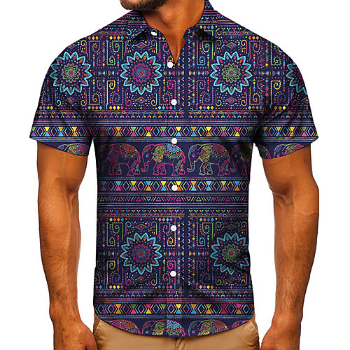 

Men's Shirt 3D Print Graphic Prints Elephant Button-Down Short Sleeve Street Tops Casual Fashion Classic Breathable Blue