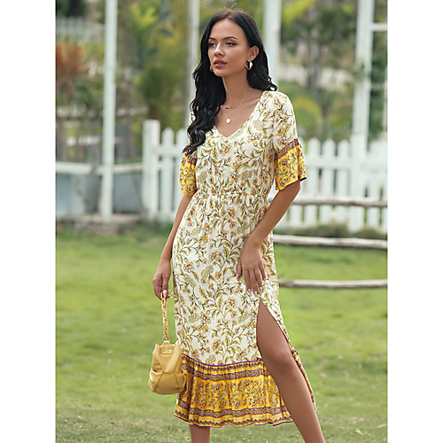 

Women's Swing Dress Maxi long Dress Yellow Short Sleeve Print Spring Summer Casual / Daily 2021 M L XL 2XL 3XL