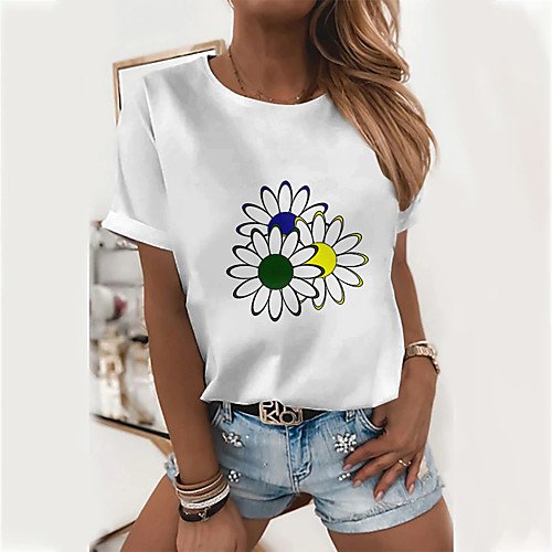 

Women's Floral Theme T shirt Floral Daisy Print Round Neck Basic Tops Cotton White Yellow Green