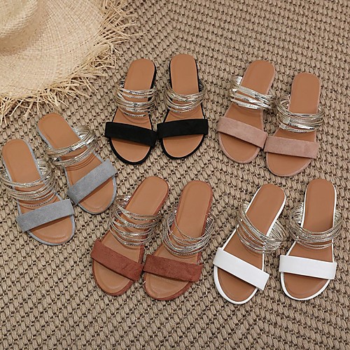 

Women's Sandals Outdoor Slippers Flat Heel Round Toe PU Solid Colored Dark Red Almond White