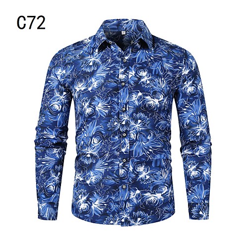 

Men's Shirt Other Prints Floral Long Sleeve Casual Tops Chinoiserie Blue