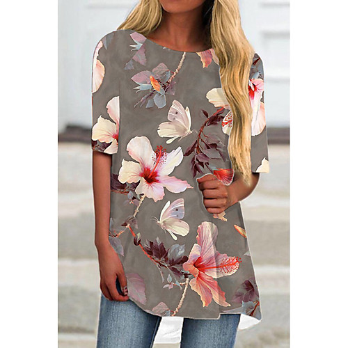 

Women's T Shirt Dress Tee Dress Short Mini Dress Gray Half Sleeve Floral Print Print Spring Summer Round Neck Casual Holiday 2021 S M L XL XXL 3XL