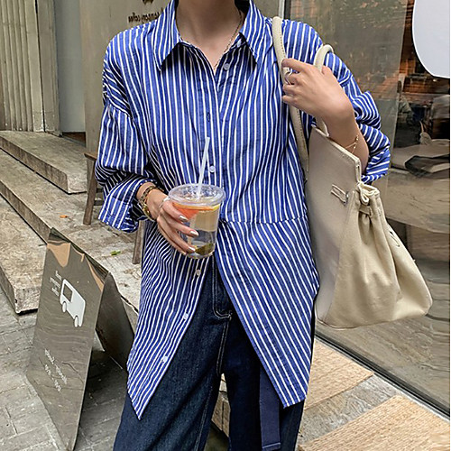 

Women's Coat Daily Wear Spring Summer Long Coat Regular Fit Casual / Daily Jacket Stripes Stripe blue stripes Pure Sapphire Blue