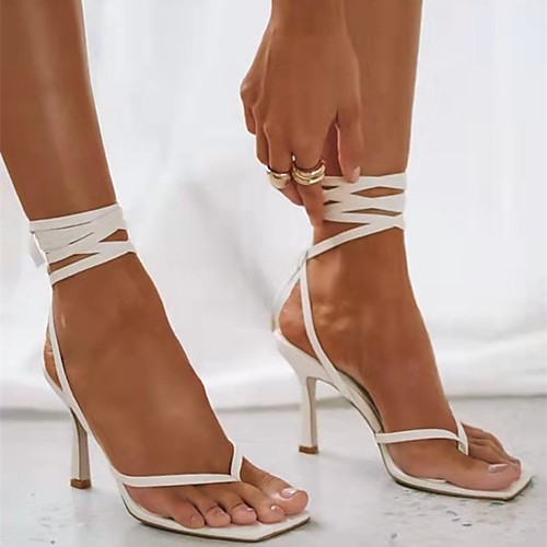 

Women's Sandals Lace up Flat Heel Square Toe PU Solid Colored White Black