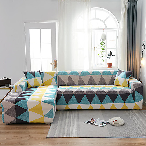

Geometric Triangle Print Dustproof All-powerful Slipcovers Stretch L Shape Sofa Cover Super Soft Fabric Couch Cover Sofa Furniture Protector with One Free Boster Case