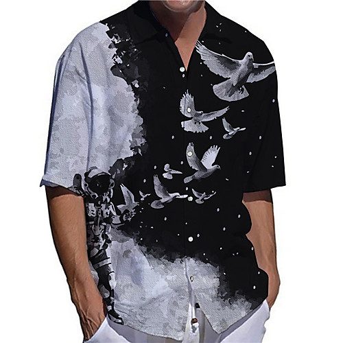 

Men's Shirt 3D Print Bird Astronaut Plus Size 3D Print Button-Down Short Sleeve Casual Tops Casual Fashion Streetwear Breathable Black / Sports