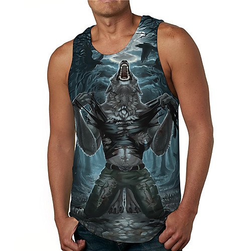 

Men's Tank Top Undershirt Shirt 3D Print Graphic Prints Wolf Print Sleeveless Daily Tops Casual Designer Big and Tall Round Neck Blue / Summer