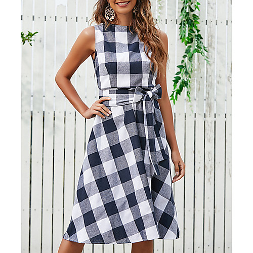 

Women's Swing Dress Knee Length Dress Blue Sleeveless Print Color Block Zipper Patchwork Print Summer Round Neck Casual 2021 S M L XL