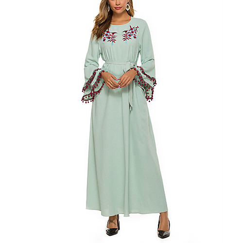 

Women's Kaftan Dress Maxi long Dress Light green (without turban) Long Sleeve Solid Color Fall Spring Casual / Daily 2021 M L XL XXL