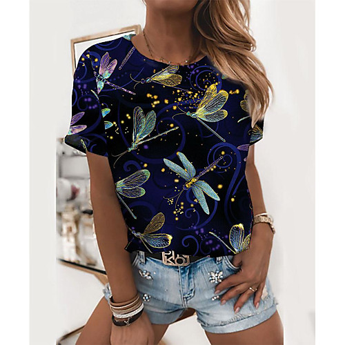 

Women's Painting T shirt Graphic Print Round Neck Basic Tops Black