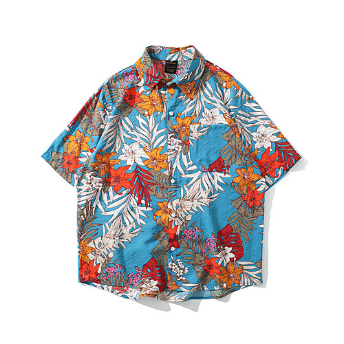 

Men's Shirt 3D Print Tropical Button-Down Print Short Sleeve Casual Tops 100% Cotton Hawaiian Royal Blue Navy Blue