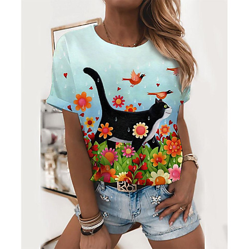 

Women's Floral Theme T shirt Floral Cat Scenery Print Round Neck Tops Basic Basic Top Blue