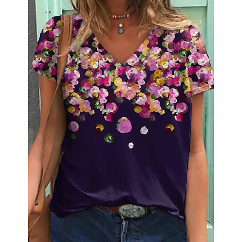 

Women's Floral Theme Painting T shirt Floral Flower Print V Neck Basic Tops Purple