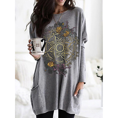 

Women's T shirt Graphic Tribal Long Sleeve Pocket Round Neck Tops 100% Cotton Basic Basic Top White Black Fuchsia