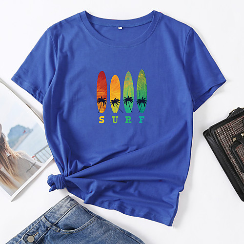 

Women's T shirt Scenery Letter Print Round Neck Tops Cotton Basic Basic Top White Black Blue