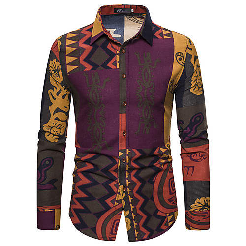 

Men's Shirt Other Prints Graphic Long Sleeve Casual Tops Ethnic Style Wine