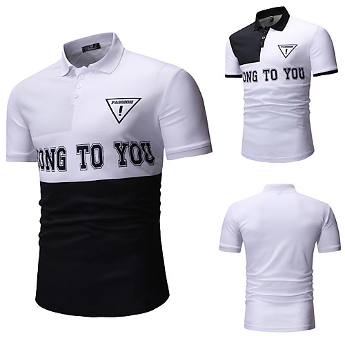 

Men's Golf Shirt Tennis Shirt Color Block Letter Button-Down Short Sleeve Street Tops Cotton Business Casual Comfortable White Black