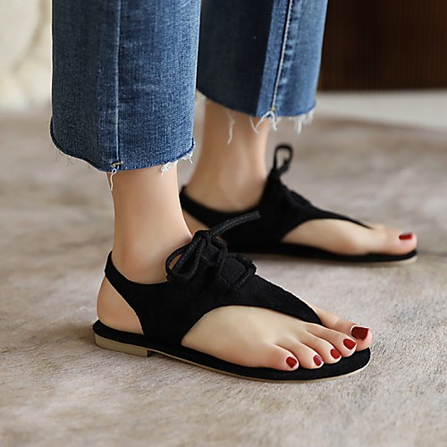 

Women's Sandals Lace up Flat Heel Round Toe PU Synthetics Dark Brown Black Pink