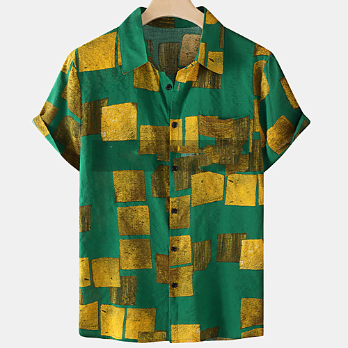 

Men's Shirt Color Block Button-Down Short Sleeve Casual Tops Cotton Casual Fashion Breathable Comfortable Green