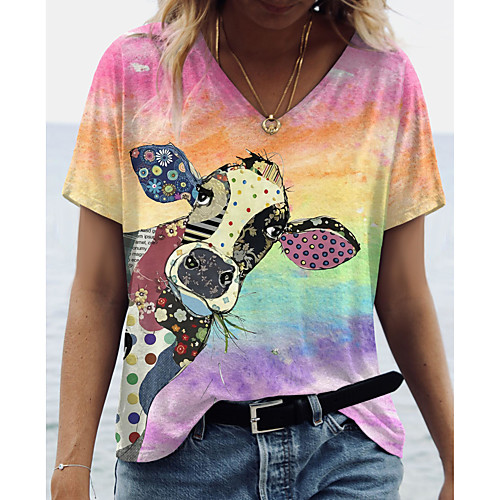 

Women's T shirt Rainbow Color Block Cow Print V Neck Tops Basic Basic Top Blue Blushing Pink Green