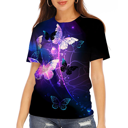 

Women's Butterfly Painting T shirt Graphic Butterfly Print Round Neck Basic Tops Purple