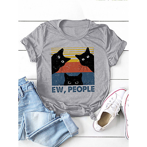 

Women's T shirt Cat Graphic Letter Print Round Neck Basic Tops Cotton Purple Light gray Dark Gray