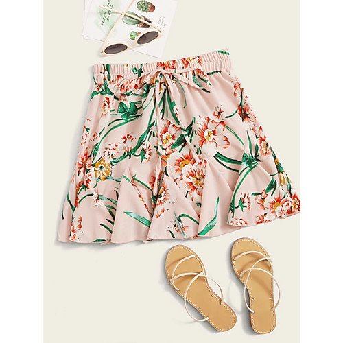 

Women's Date Vacation Basic Streetwear Skirts Floral / Botanical Flower Drawstring Ruffle Blushing Pink