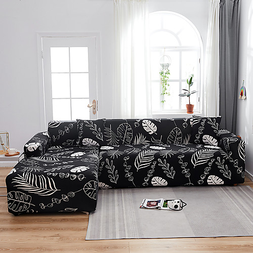 

Black Leaves Print Dustproof All-powerful Slipcovers Stretch L Shape Sofa Cover Super Soft Fabric Couch Cover Sofa Furniture Protector with One Free Boster Case