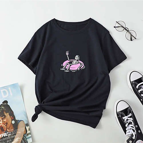 

Women's T shirt Skull Print Round Neck Tops Cotton Basic Basic Top White Black Blue