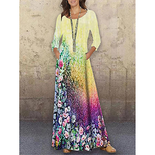 

Women's Shift Dress Maxi long Dress Yellow 3/4 Length Sleeve Floral Print Print Spring Summer Round Neck Casual Holiday 2021 S M L XL XXL 3XL