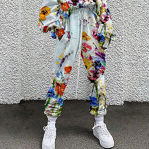 

Women's Fashion Casual / Sporty Comfort Daily Weekend Sweatpants Pants Flower / Floral Full Length Pocket Elastic Drawstring Design Print White Blue