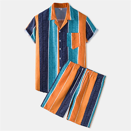 

Men's Shirt Suits Shirt Striped Button-Down Short Sleeve Casual Tops Cotton Casual Fashion Hawaiian Breathable Blue