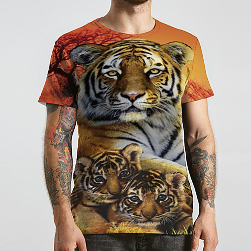 

Men's Unisex Tee T shirt 3D Print Graphic Prints Tiger Plus Size Print Short Sleeve Casual Tops Basic Designer Big and Tall Yellow