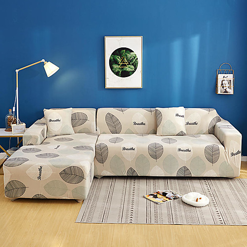 

Beige Leaves Print Dustproof All-powerful Slipcovers Stretch L Shape Sofa Cover Super Soft Fabric Couch Cover Sofa Furniture Protector with One Free Boster Case