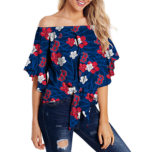 

Women's Blouse Shirt Floral Print Off Shoulder Hawaiian Beach Tops Navy Blue