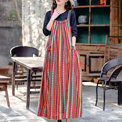 

women's cotton and linen spring and autumn sling dress 2021 new loose large size ethnic style printing long large swing skirt