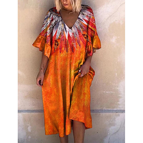 

Women's A Line Dress Knee Length Dress Gray Orange Red Short Sleeve Pattern Summer Casual 2021 S M L XL XXL