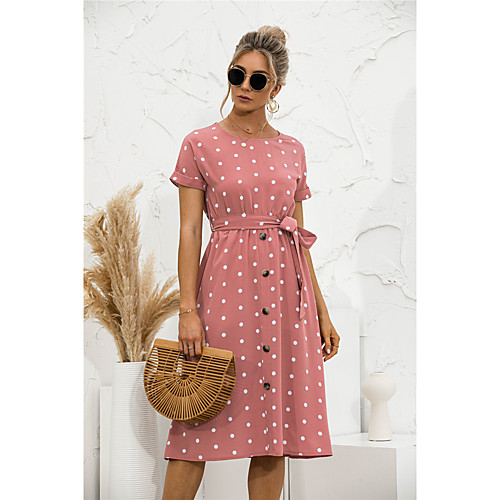 

Women's A Line Dress Knee Length Dress Blushing Pink Orange Black Short Sleeve Dot Summer Casual 2021 S M L XL