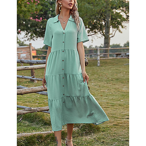 

Women's Swing Dress Midi Dress Green Short Sleeve Print Patchwork Print Fall Summer V Neck Casual 2021 XS S M L XL