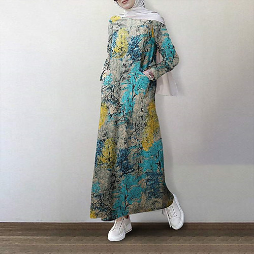 

202 cross-border 1 new ethnic style cotton and linen printed muslim style hedging long-sleeved dress long skirt