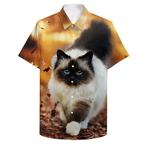 

Men's Shirt 3D Print Cat Animal Plus Size 3D Print Button-Down Short Sleeve Casual Tops Casual Fashion Breathable Comfortable Brown / Sports