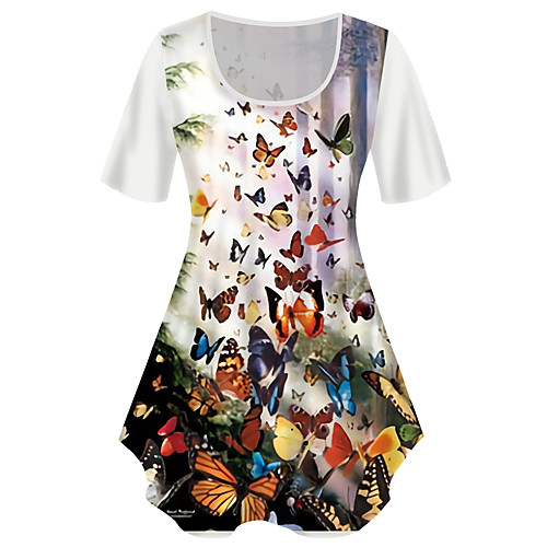 

Women's Plus Size Tops T shirt Graphic Butterfly Print Short Sleeve Crewneck Basic Rainbow Big Size XL XXL 3XL 4XL 5XL