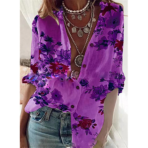 

Women's Blouse Shirt Floral Long Sleeve Print Standing Collar Tops Black Purple Yellow